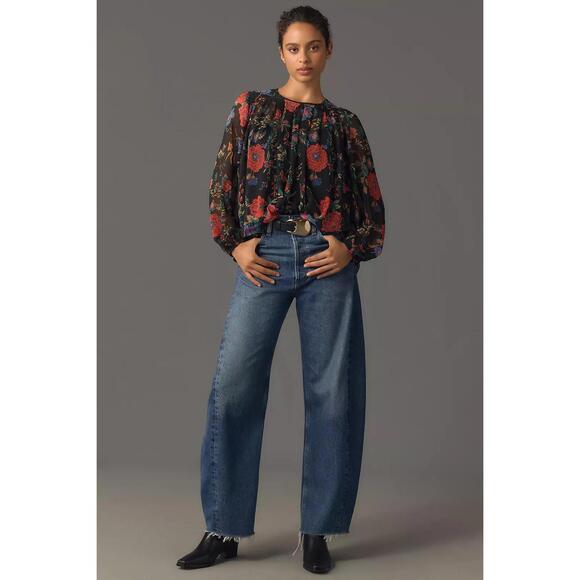 MAEVE by Anthropologie Long-Sleeve Pleated Floral Peasant Blouse in Black-Small - Picture 3 of 13